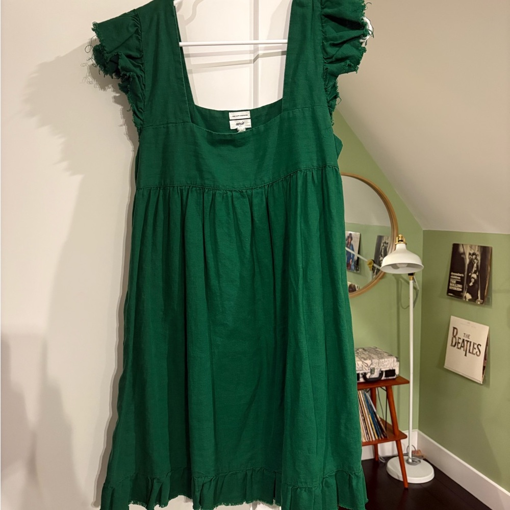 aerie Emerald Green Ruffle Sleeve Cotton Dress